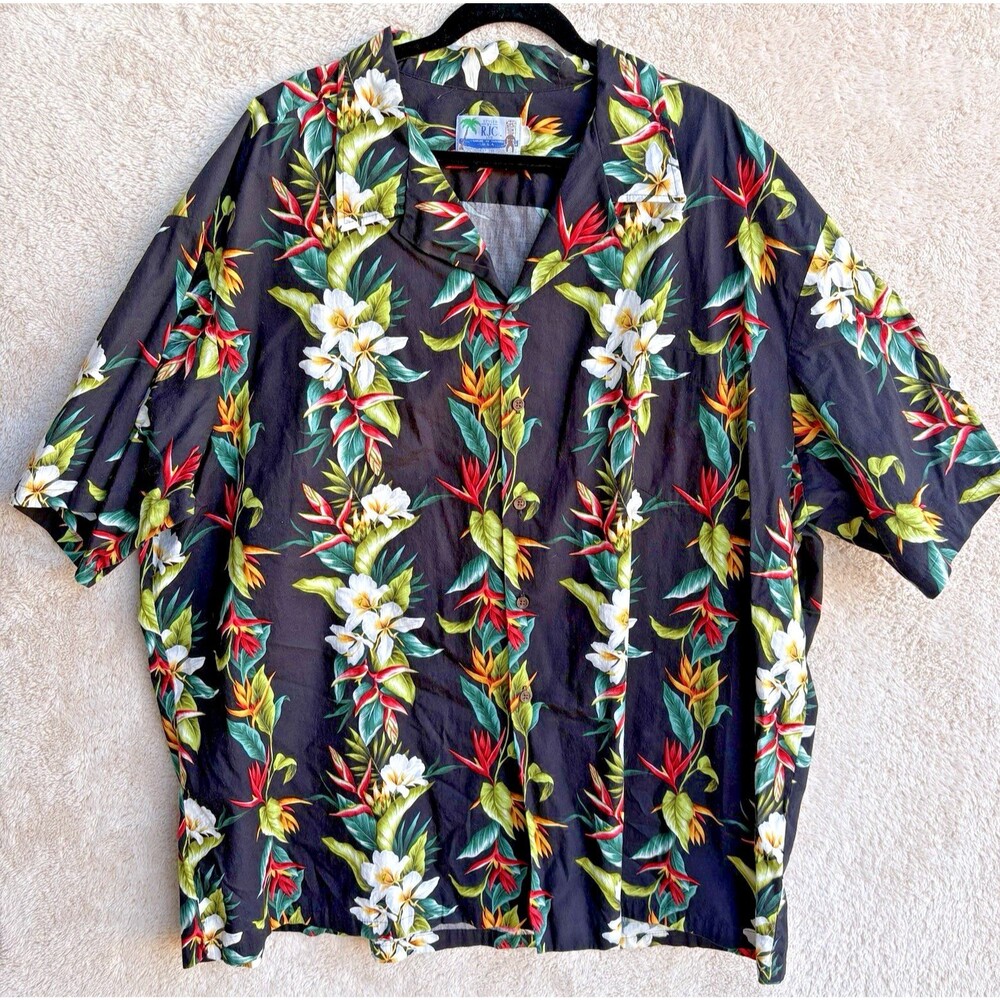RJC Shirt Mens SS Hawaiian Shirt Mens 5XL Black Floral Cruise Aloha Made USA